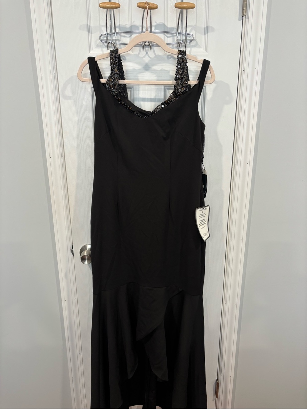 Adrianna Papell Black Sequin Strap High-Low Dress